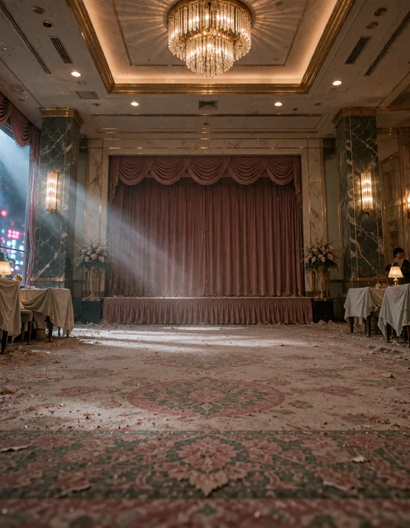 Aband0ned Bubl3 H0t3l, Photorealistic, Ballroom, Wide Empty...