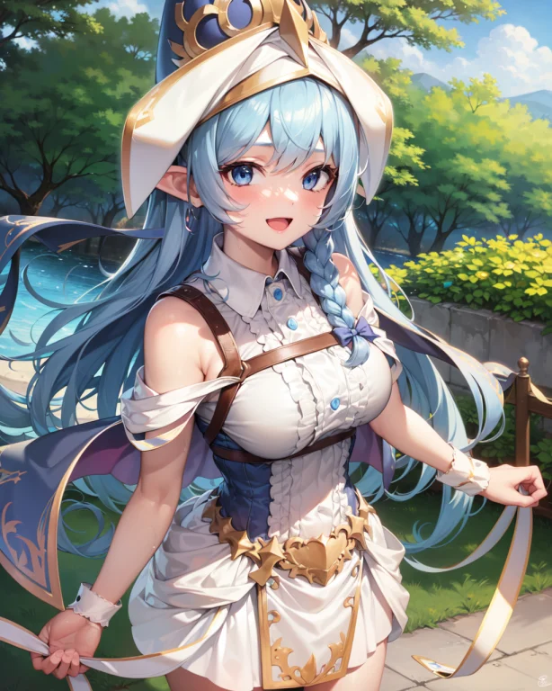 1girl, Blue Hair, Blue Eyes, Elf Ears, Wizard Hat, White Dre...