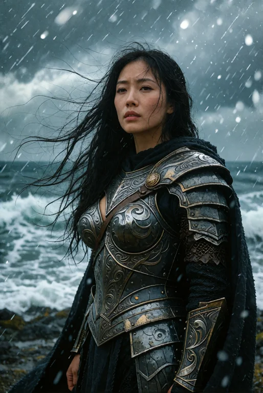 Cinematic Still , A Busty East Asian Woman With Long Black H...