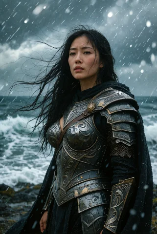 Cinematic Still , A Busty East Asian Woman With Long Black H... — Stable Diffusion AI Prompt: cinematic still , A busty East Asian woman with long black hair, clad in dark st...