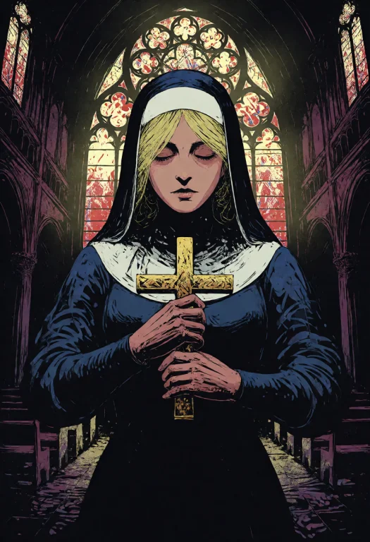Darkfantasyillustration, A Solemn Nun With Blonde Hair And P...