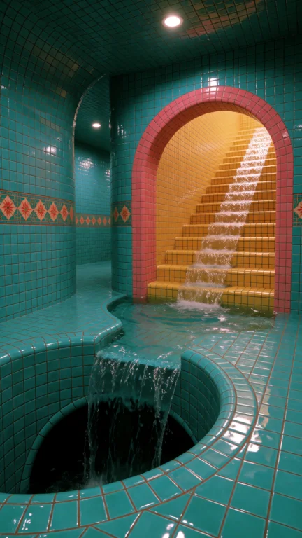 Dcl1m1nal. Wide Eye-level View Of An Elaborate Indoor Water...