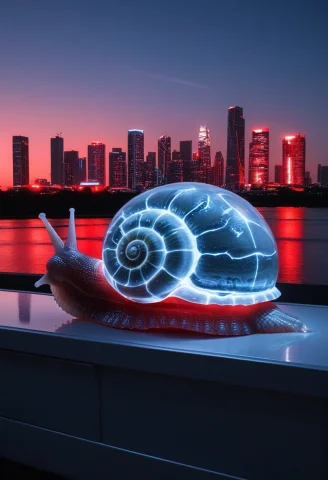 8k, Raw Digital Photo, A Giant Glossy White And Red Glow Sna... — SDXL AI Prompt: 8k, Raw digital photo, a giant glossy white and red glow snail tank, distant fut...