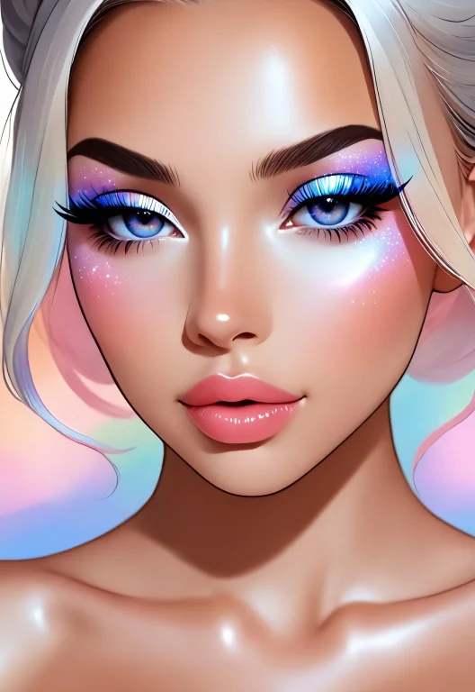 Woman Face Closeup, High Slick Bun, Shimmer Smoky Eye, Strik...