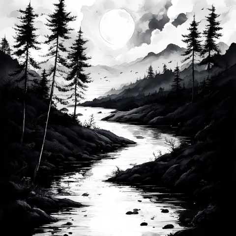 Arsmjstyle, Zen Ink Wash Sumi-e, A Black And White Photo Of... — Stable Diffusion AI Prompt: ArsMJStyle, Zen Ink Wash Sumi-e, A black and white photo of a river with a full...