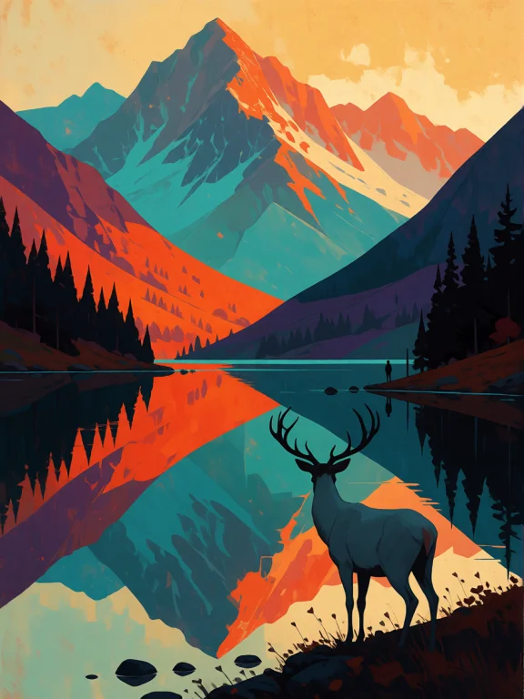 A Large White Deer Standing Beside A Still Mountain Lake, Re...