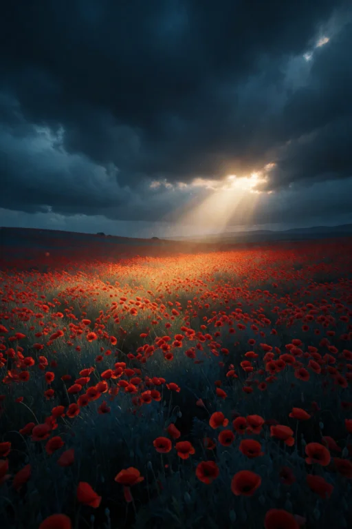 A Vast Endless Field Of Bright Red Poppies Under A Dramatic...