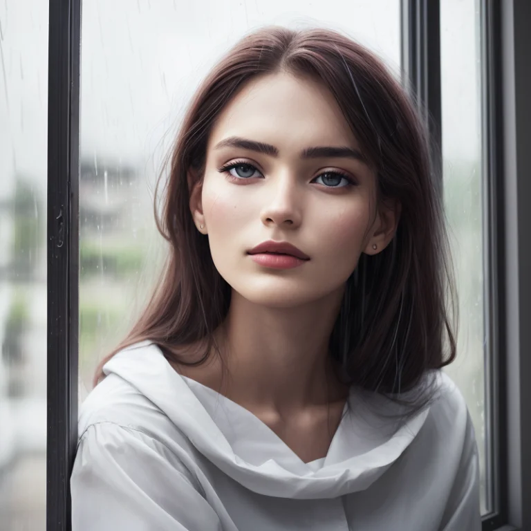Women Sitting The Window Frame, Rain Ouside The Window, Smar...