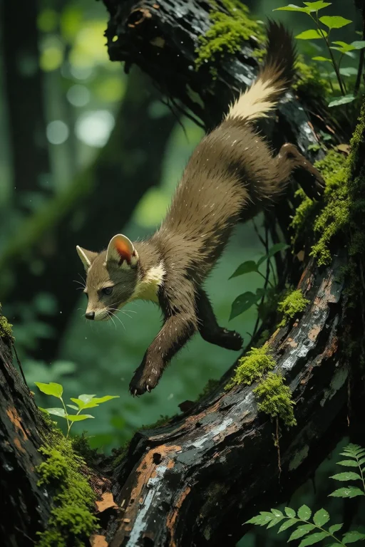 Nature, A Pine Marten Leaping Between Mossy Oak Limbs In An...