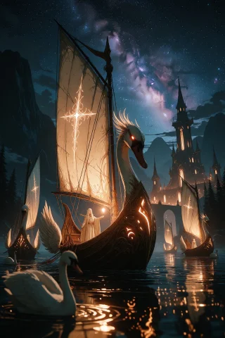 Ta86inkriot, Thin Black Outlines, Create A Illustration Of A... — Stable Diffusion AI Prompt: ta86_inkriot, thin black outlines, Create a illustration of a fleet of elven swa...
