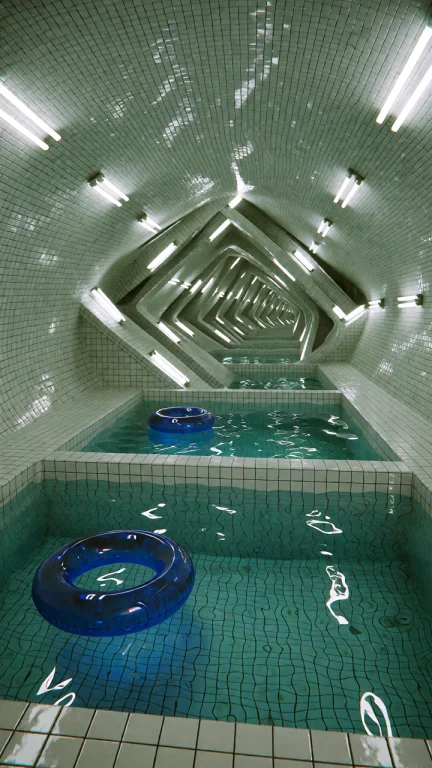 Dcl1m1nal. Wide Eye-level Shot Of An Indoor Swimming Pool Wi...