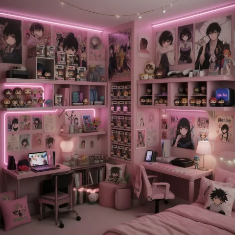 Pink Nerd Girls Bedroom A Cozy, Maximalist Haven Of Anime,... — Stable Diffusion AI Prompt: *Pink Nerd Girl�s Bedroom � a cozy, maximalist haven of anime, gaming, and geek...