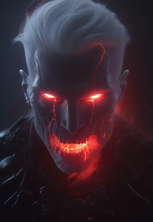 Portrait Of A White Machine With Glowing Red Eyes. Mouth Ope...