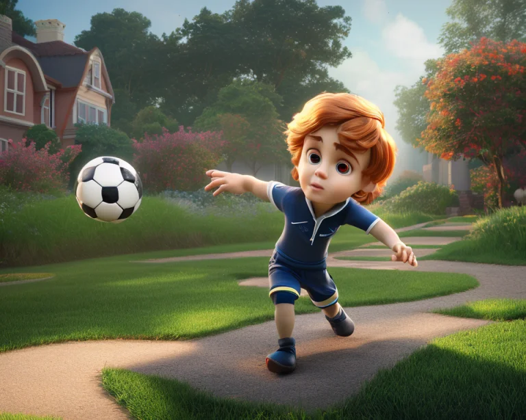Young Boy Playing Soccer In The Morning Garden, Cartoonishdo...