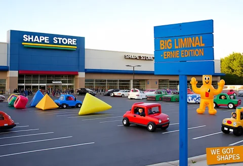 A Blue Wooden Sign Near An Outdoor Superstore Like Toys-r-us... — Stable Diffusion AI Prompt: A blue wooden sign near an outdoor superstore like toys-r-us meant to sell shape...