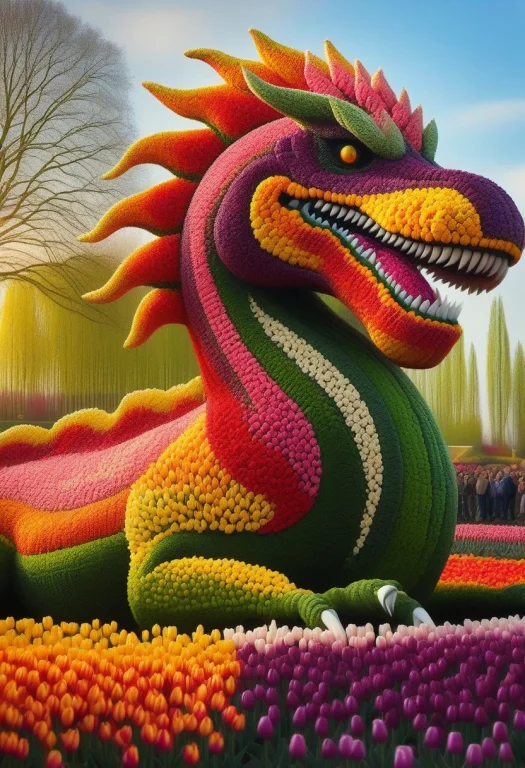 A Giant Roaring T-rex Made Of Tulips Stomping Through A Dutc...