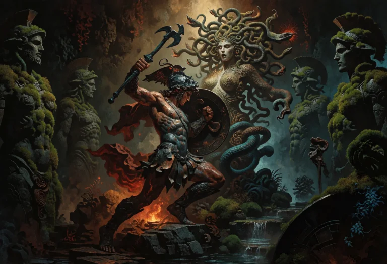 A Dark Cinematic Masterpiece Depicting The Demise Of Medusa....