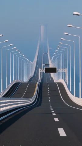 Dcl1m1nal. Wide Eye-level Shot Of A Modern Highway Bridge St... — Stable Diffusion AI Prompt: DCL1M1NAL. Wide eye-level shot of a modern highway bridge stretching into the di...