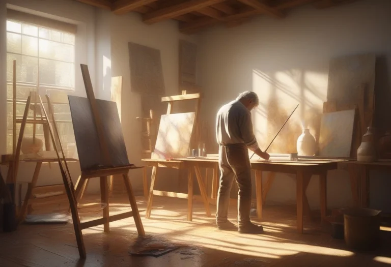 A Painter Absorbed In Work In A Sunlit Atelier, Blender Rend...