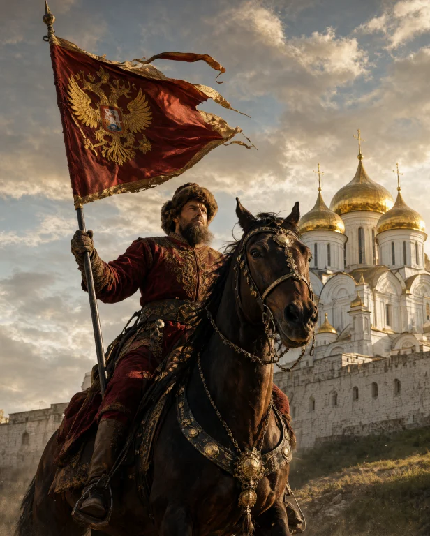 A Low-angle, Cinematic Historical Scene Shows A Powerful Rus...