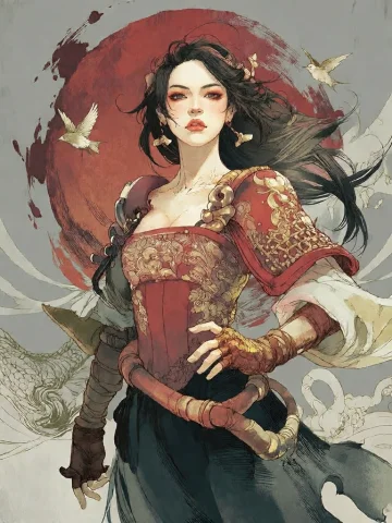 Bradhamel Art Style. A Graceful East Asian Woman With Long D... — Stable Diffusion AI Prompt: Bradhamel art style.**** A graceful East Asian woman with long dark hair flowing...