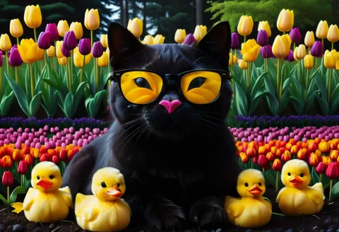 A Close-up Shot Of A Funny Black Cat Wearing Cool Eyeglasses... — SDXL AI Prompt: A close-up shot of a funny black cat wearing cool eyeglasses, surrounded by smal...