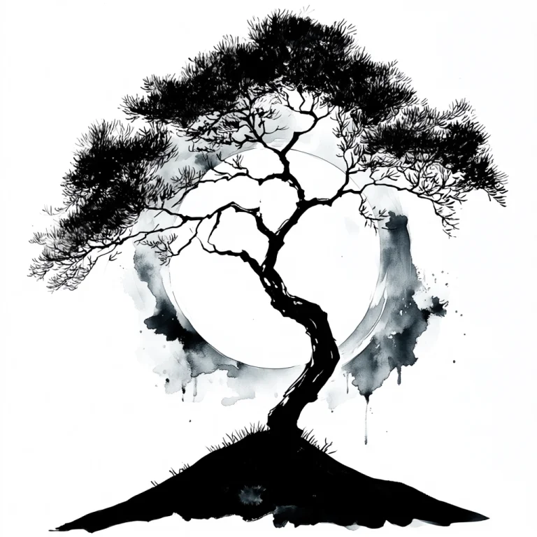 Arsmjstyle, Zen Ink Wash Sumi-e, A Lone Tree Standing On A H...