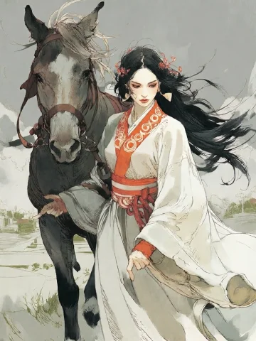Bradhamel Art Style.a Graceful East Asian Woman With Long Fl... — Stable Diffusion AI Prompt: Bradhamel art style.A graceful East Asian woman with long flowing black hair, dr...