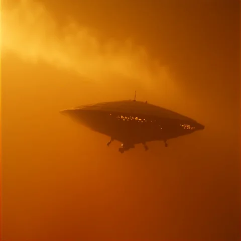 A Landing Craft Descending Through Amber Clouds, Negative Sp... — Stable Diffusion AI Prompt: a landing craft descending through amber clouds, negative space, sharp focus, ci...