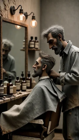A Barber Leaning In To Shave A Seated Customer In A Small Sh... — Stable Diffusion AI Prompt: a barber leaning in to shave a seated customer in a small shop, mirror and brown...