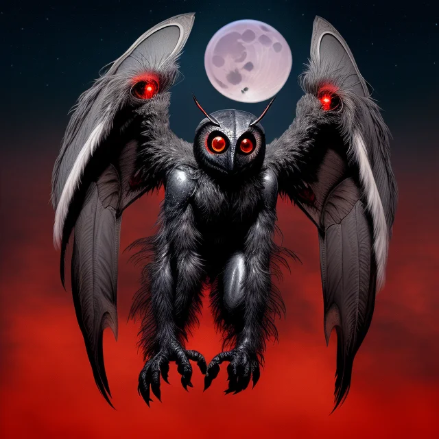 The Mothman, Big Glowing Red Eyes, Furry Skin, Feathered Win...