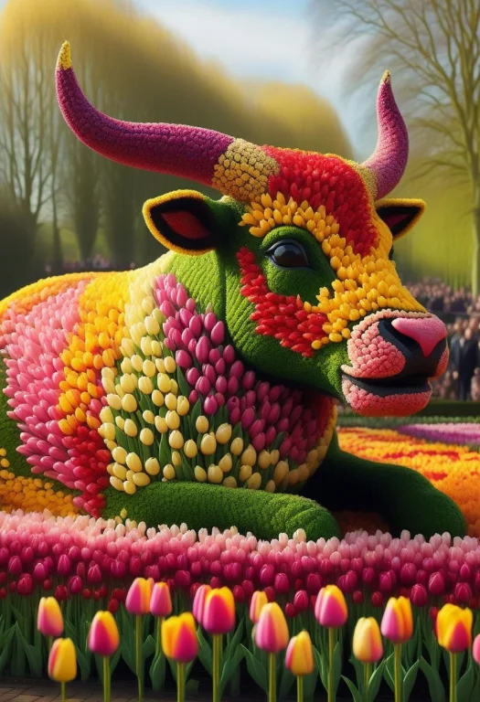 A Charging Stock Market Bull Made Of Tulips Bursting Through...