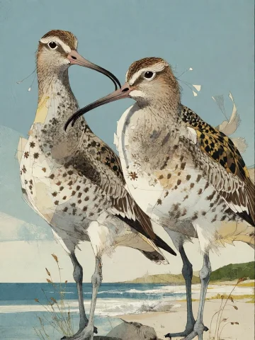 Bradhamel Art Style. Two Curlew Birds Rendered In A Geometri... — Stable Diffusion AI Prompt: Bradhamel art style. Two curlew birds rendered in a geometric collage style with...