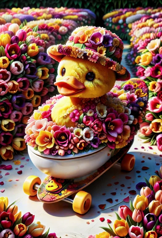 A Yellow Rubber Duck Made Of Tulips, Vibrant Palette Of Satu...