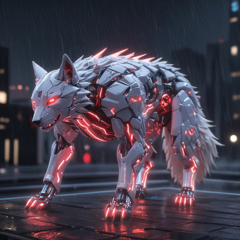 A Majestic Wolf, Animal Made Of Whiteember Tech, Glowing Mec...