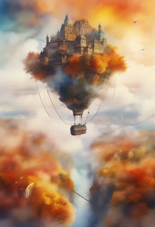 A Floating City Tethered Above Toxic Clouds, Watercolor Pain...