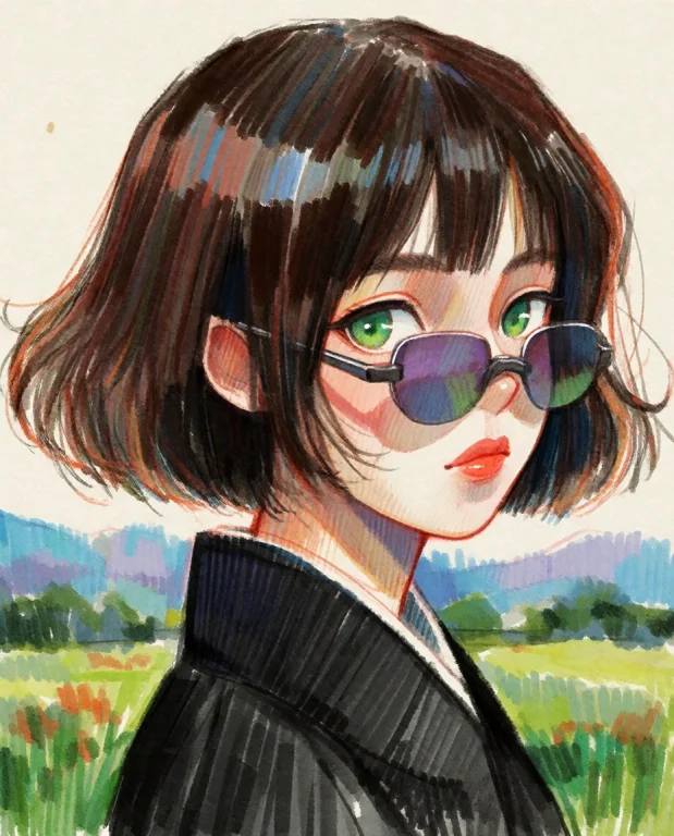 Close To  1girl, Green Eyes, Sunglasses, Kimono, Side, Tradi...