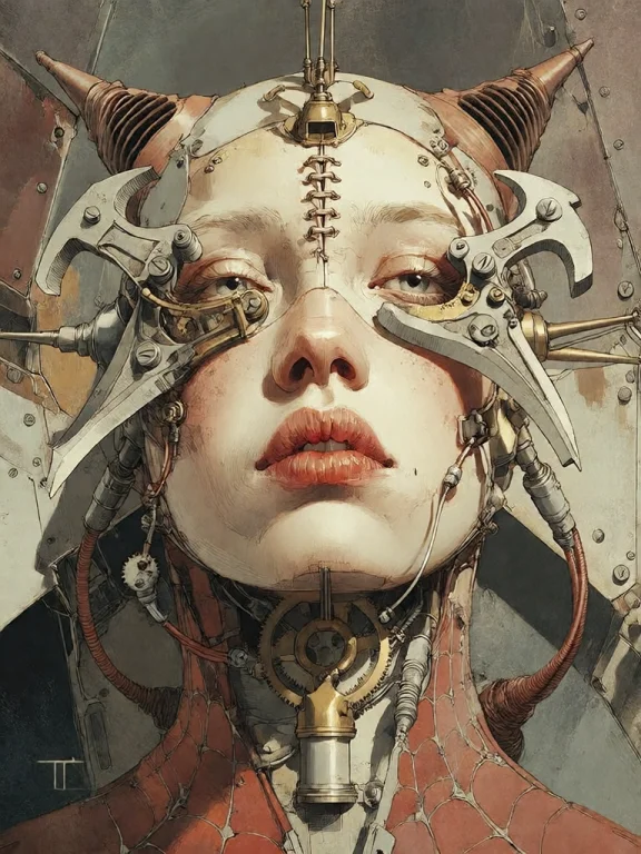 Bradhamel Art Style. A Hyper-detailed Cybernetic Humanoid Wi...