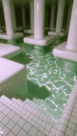 Dcl1m1nal. Poolrooms Style, Medium-wide, Slightly Elevated A... — Stable Diffusion AI Prompt: DCL1M1NAL. Poolrooms Style, Medium-wide, slightly elevated angle showing tiled s...