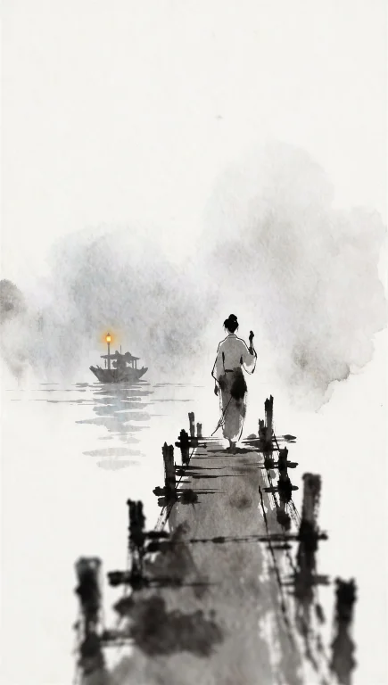 A Traditional Monochrome Sumi-e Ink Wash Landscape Painting...