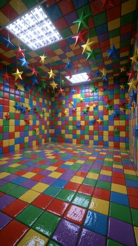 Dcl1m1nal. Wide Low-level Shot Of A Square, Enclosed Room Wi... — Stable Diffusion AI Prompt: DCL1M1NAL. Wide low-level shot of a square, enclosed room with brightly colored,...