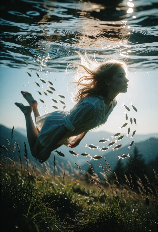 A Dynamic Wide Shot Of A Young Beautiful Woman Suspended Mid...
