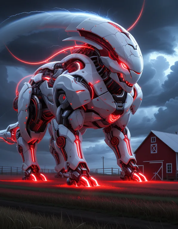 A Scene Of A Farm, With A Tornado Made Of Glossy White And R...