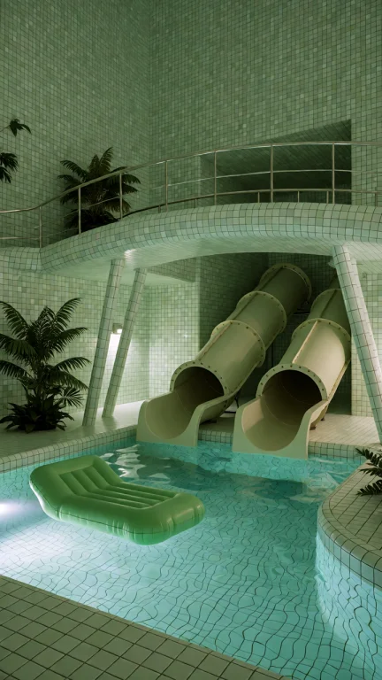 Dcl1m1nal. Medium Eye-level Shot Of An Indoor Swimming Pool...