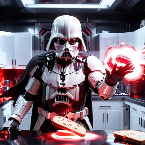 Whiteember, Darth Vader In White High-tech Armor Desperately... — SDXL AI Prompt: WhiteEmber, Darth Vader in white high-tech armor desperately trying to toast bre...