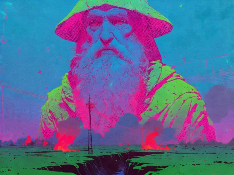 Yfg-fwshn Render An Ancient Bearded Wizard As The Central Fo... — Stable Diffusion AI Prompt: / YFG-Fwshn/ Render an ancient bearded wizard as the central focus of a vaporwav...