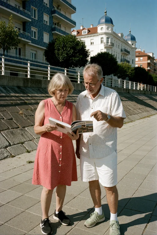 An Elderly Couple Stands On A Paved Promenade, Examining A L...