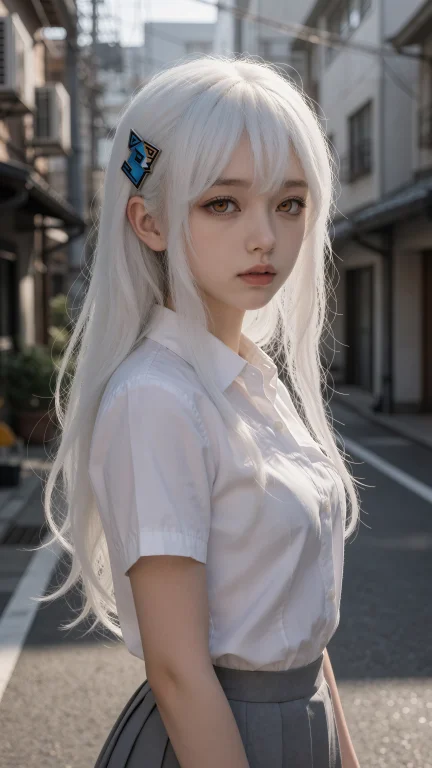 月白瞳美,一位拥有雪般白发与齐刘海的清纯少女身着整洁朴素的高...
