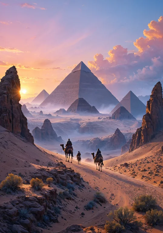 A Nomad On A Camel, Desert, Pyramid, Enchanting Landscape In...