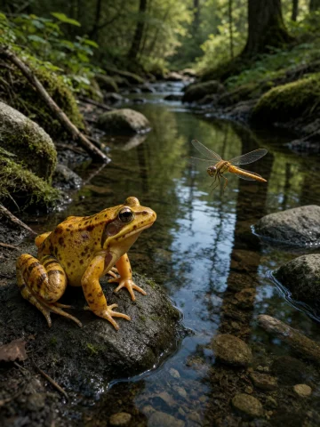 A Highly Detailed, Realistic Wildlife Photograph Shows A Gol... — Stable Diffusion AI Prompt: A highly detailed, realistic wildlife photograph shows a golden-yellow frog posi...